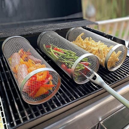 stainless steel bbq grilling cylinder rolling basket metal barbecue outdoor camping kitchen
