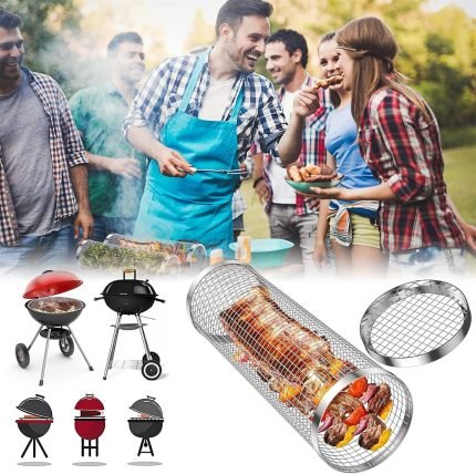 stainless steel bbq grilling cylinder rolling basket metal barbecue outdoor camping kitchen