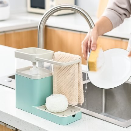 kitchen soap dispenser pump sink sponge caddy towel drain rack dish towel cleaning holder