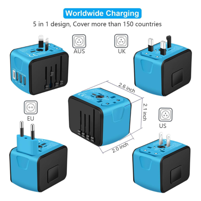 universal international travel adapter 5 in 1 power plug with usb-c usb-a ports covers 200 countries