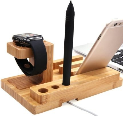 all-in-one bamboo wood docking station for smartphone accessories